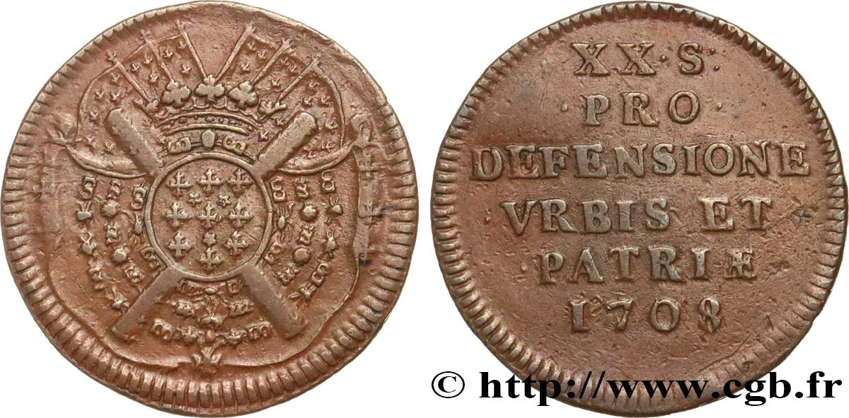 FLANDRE - SIÈGE DE LILLE Vingt sols, monnaie obsidionale 1708 Lille MBC