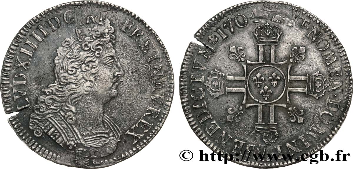 LOUIS XIV  THE SUN KING  Écu aux huit L, 2e type 1704 Paris XF