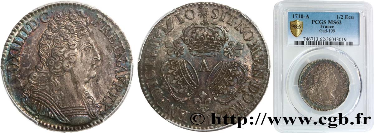 LOUIS XIV  THE SUN KING  Demi-écu aux trois couronnes 1710 Paris SPL62