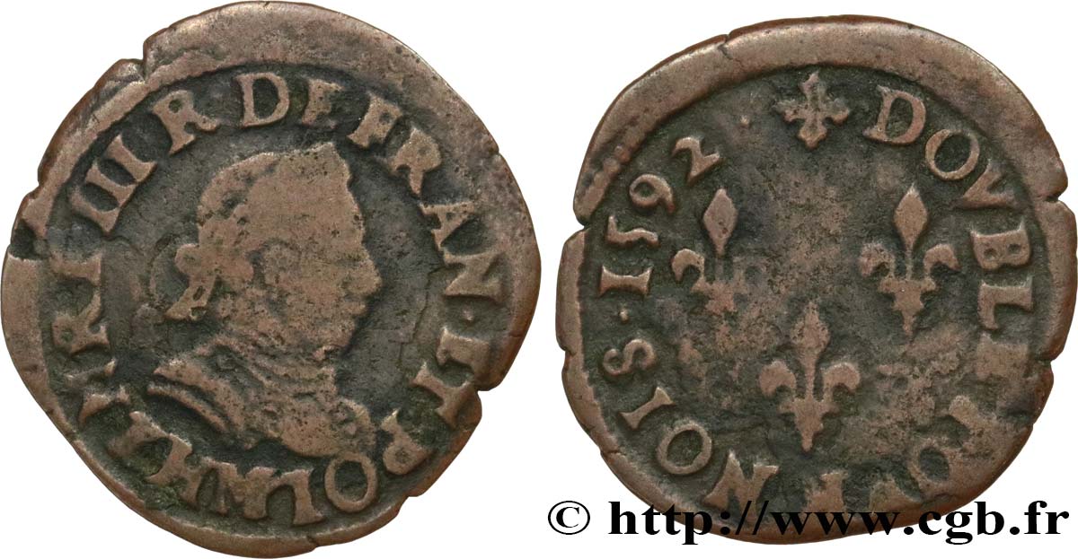 LIGUE. COINAGE AT THE NAME OF HENRY III Double tournois, type de Toulouse 1592 Toulouse BC