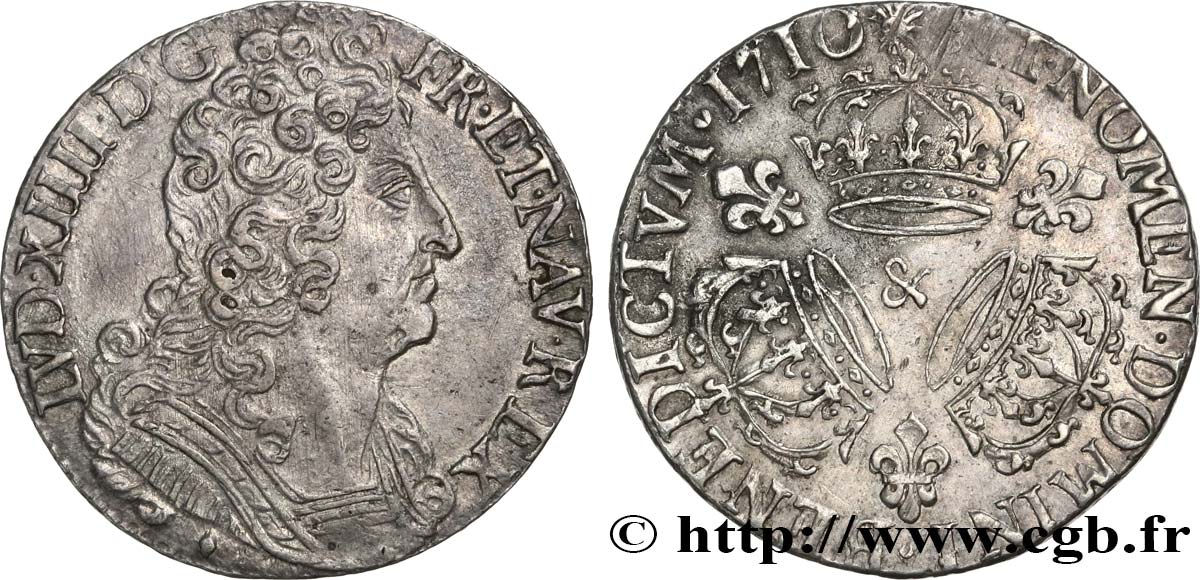LOUIS XIV  THE SUN KING  Quart d écu aux trois couronnes 1710 Aix-en-Provence AU/AU