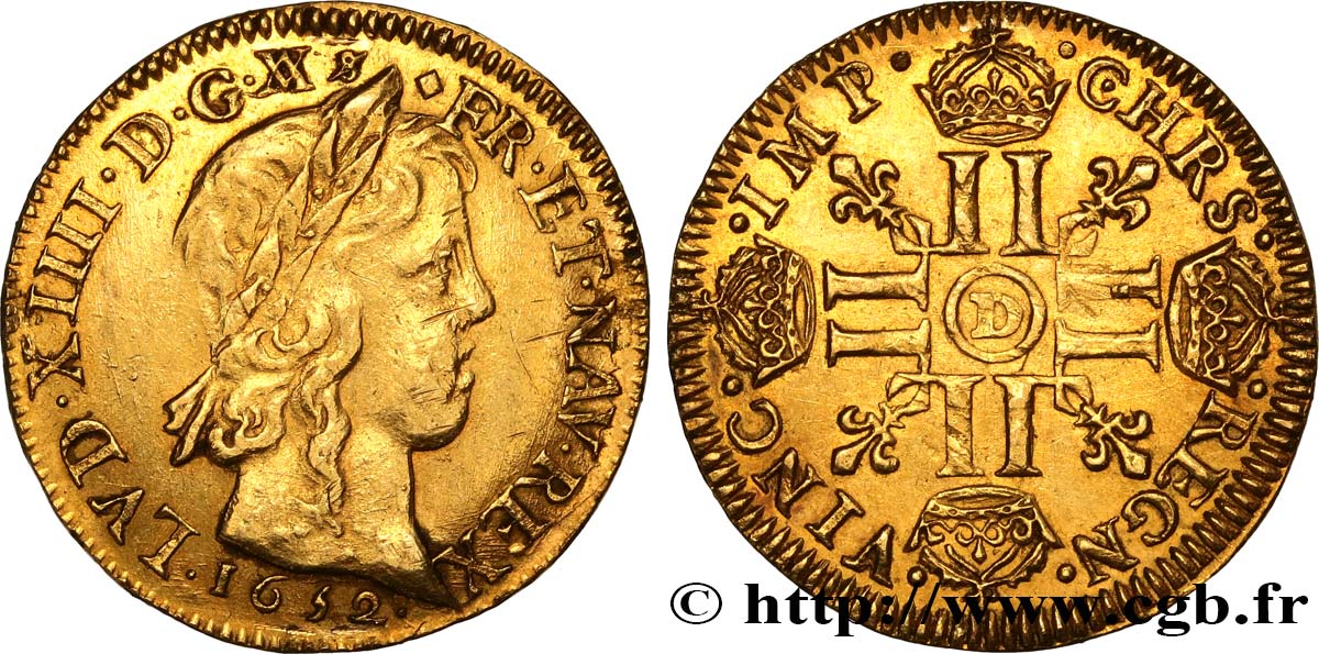 LOUIS XIV  THE SUN KING  Louis d’or aux huit L, portrait à la mèche longue 1652 Lyon MBC+/EBC