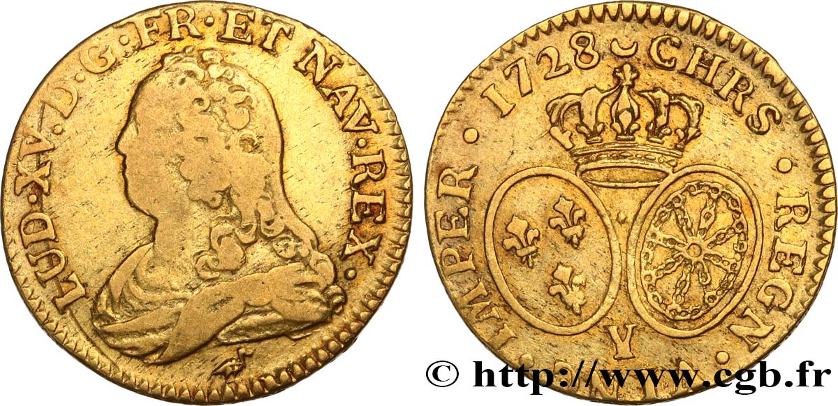 LOUIS XV  THE WELL-BELOVED  Louis d or aux écus ovales, buste habillé 1728 Bourges VF/XF