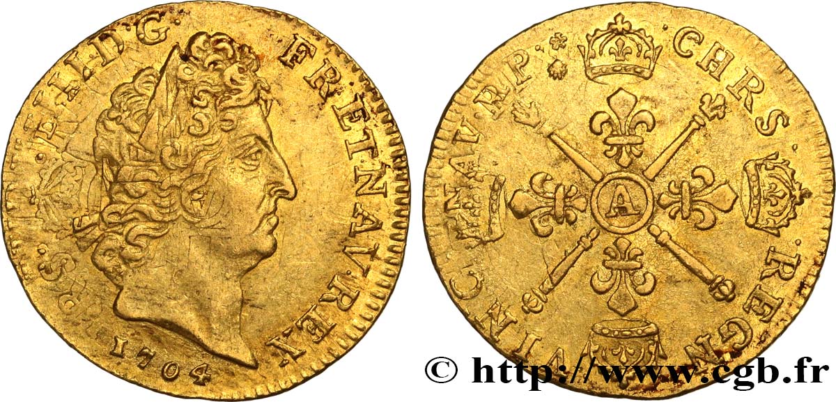 LOUIS XIV  THE SUN KING  Louis d or aux insignes, portrait aux cheveux courts 1704 Paris q.SPL