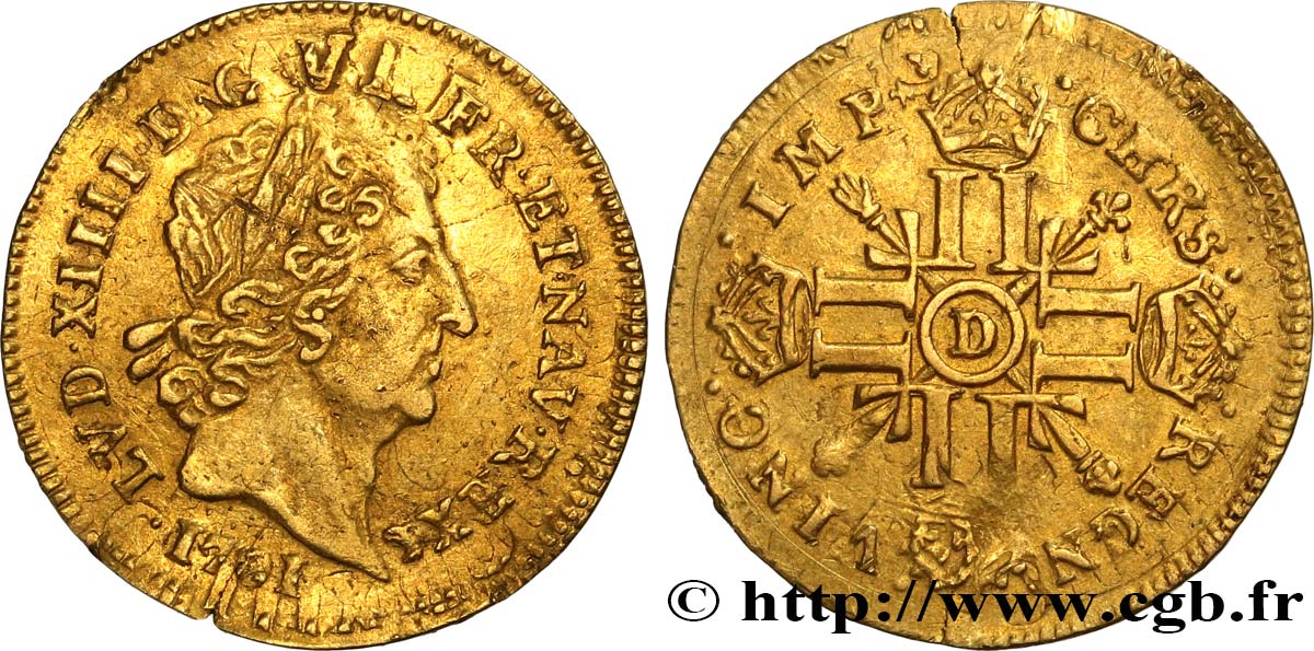 LOUIS XIV  THE SUN KING  Demi-louis aux huit L et aux insignes 1701 Lyon XF
