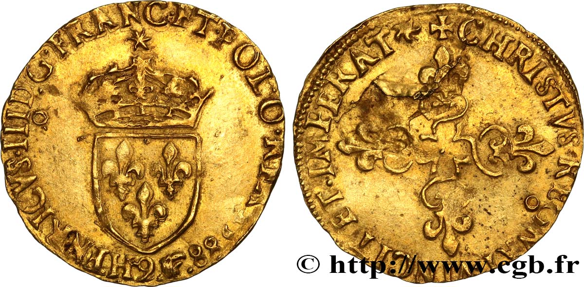 HENRY III Écu d or au soleil, 3e type 1588 Rennes AU/XF