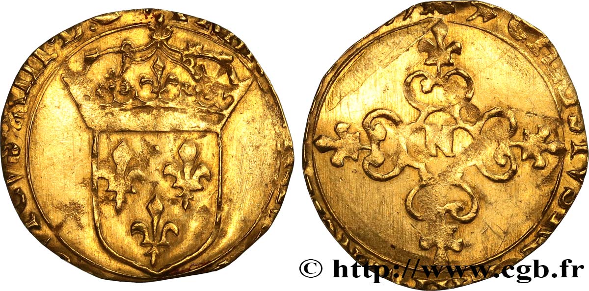 LOUIS XIII  Écu d or au soleil, à la croix anillée fleurdelisée 1637 Montpellier S