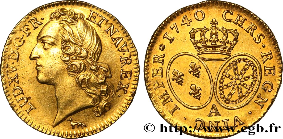 LOUIS XV  THE WELL-BELOVED  Louis d’or aux écus ovales, tête ceinte d’un bandeau 1740 Paris AU