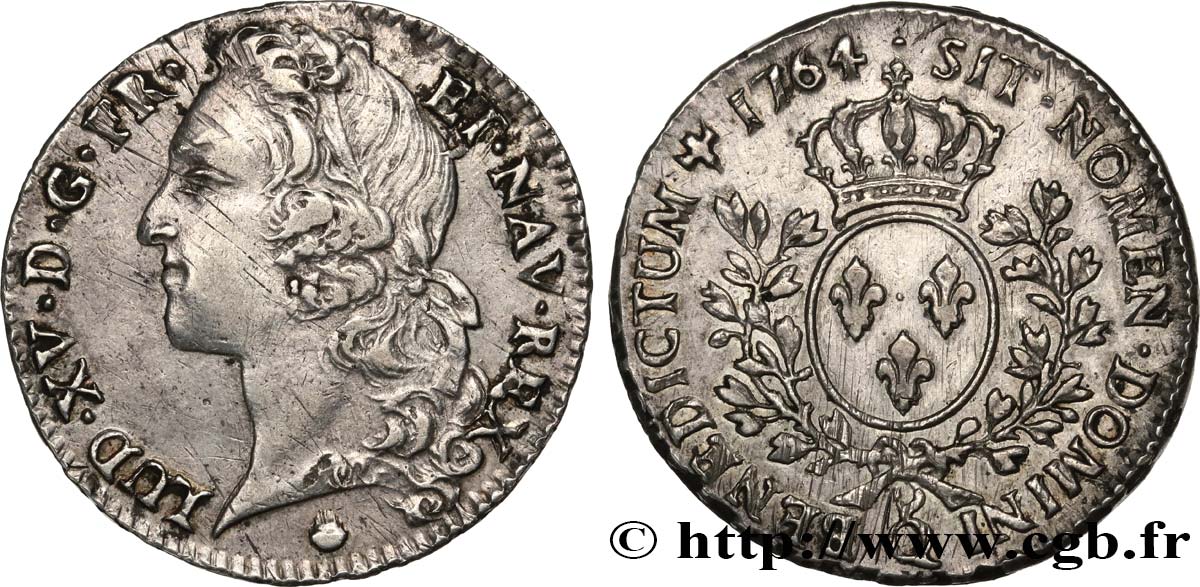 LOUIS XV  THE WELL-BELOVED  Demi-écu aux branches d’olivier, tête ceinte d’un bandeau 1764 Perpignan AU/AU