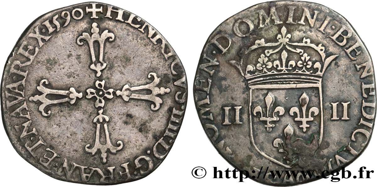 HENRY IV Quart d écu, croix feuillue de face 1590 Compiègne BB