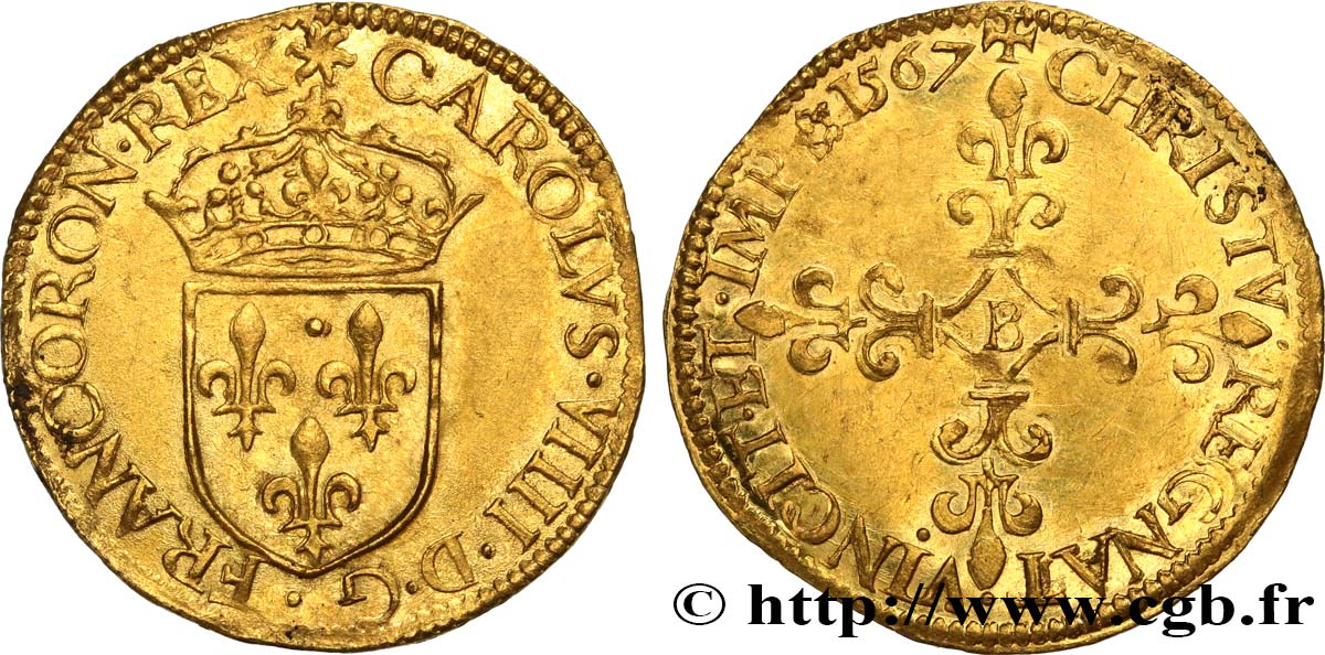CHARLES IX Écu d or au soleil, 1er type 1567 Rouen SUP/TTB+