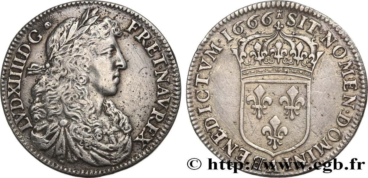 LOUIS XIV  THE SUN KING  Quart d écu au buste juvénile, 2e type 1666 Paris VF/XF