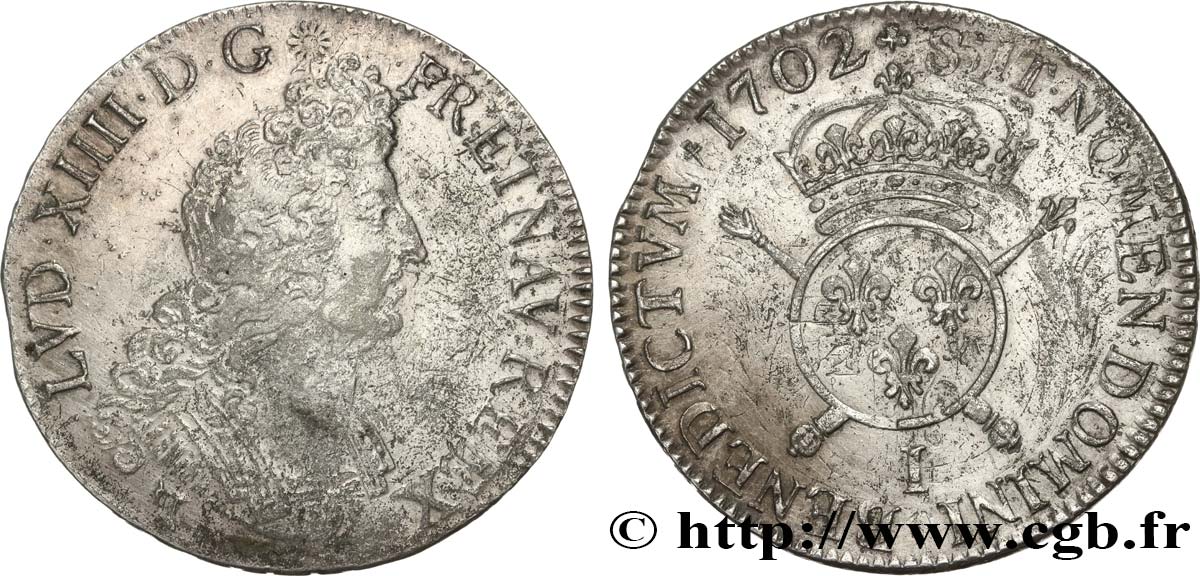 LOUIS XIV  THE SUN KING  Écu aux insignes 1702 Limoges VF