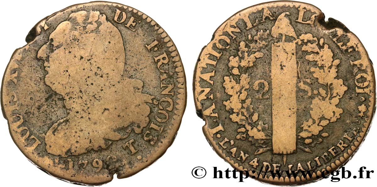 LOUIS XVI 2 sols dit  au faisceau , type FRANÇOIS 1792 Saumur q.MB