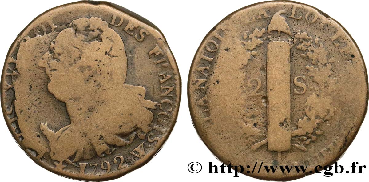 LOUIS XVI 2 sols dit  au faisceau , type FRANCOIS 1792 Lille VG