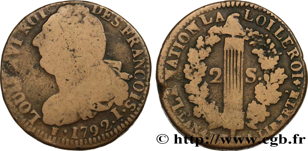 LOUIS XVI 2 sols dit  au faisceau , type FRANÇOIS 1792 Clermont-Ferrand F/VF