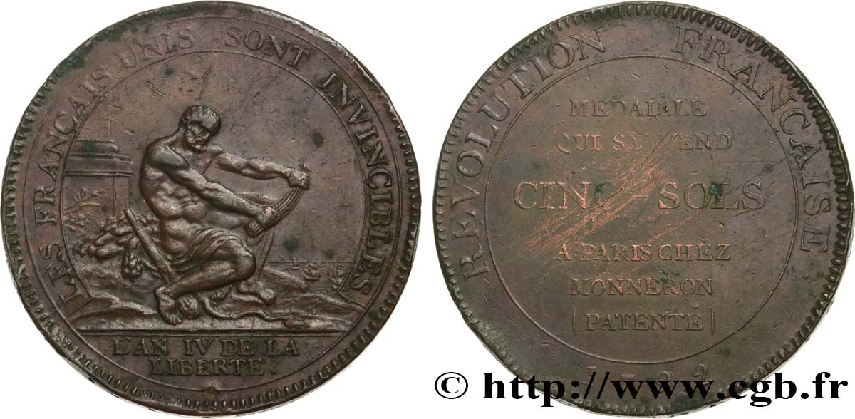 REVOLUTION COINAGE Monneron de 5 sols à l Hercule, frappe monnaie 1792 Birmingham, Soho q.BB