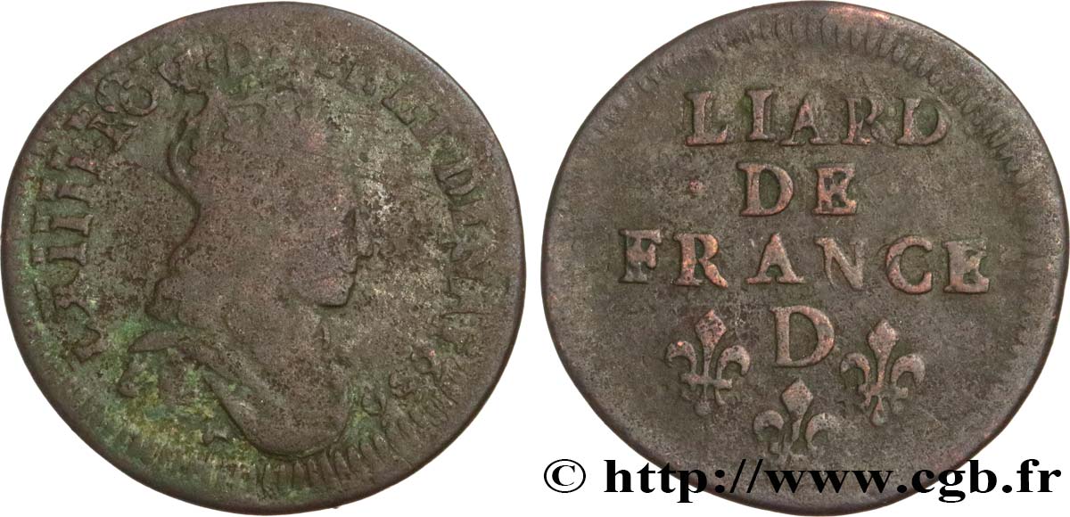 LOUIS XIV  THE SUN KING  Liard de cuivre, 2e type 1656 Vimy-en-Lyonnais (actuellement Neuville-sur-Saône) SGE