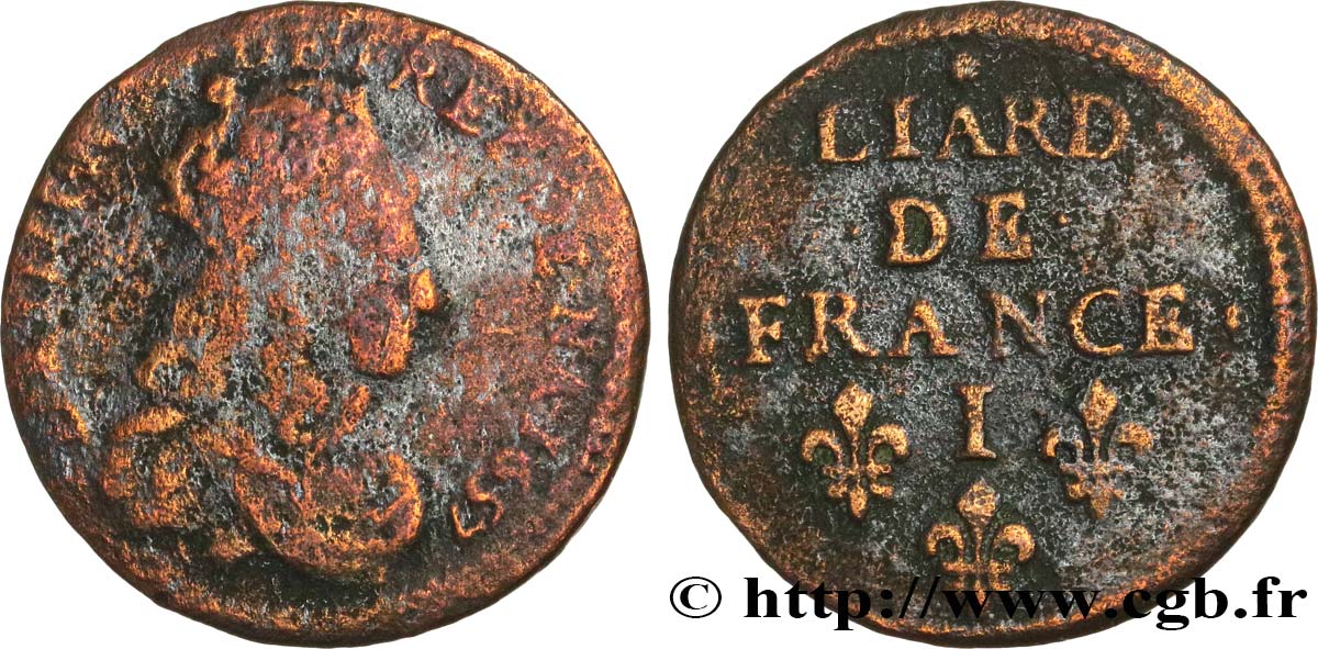 LOUIS XIV LE GRAND OU LE ROI SOLEIL Liard de cuivre, 2e type 1657 Limoges B+
