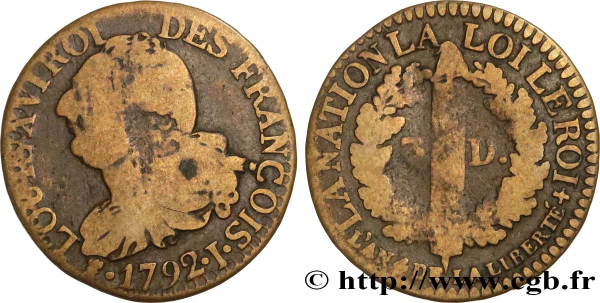 LOUIS XVI 3 deniers dit  au faisceau , type FRANÇOIS 1792 Limoges RC+/BC