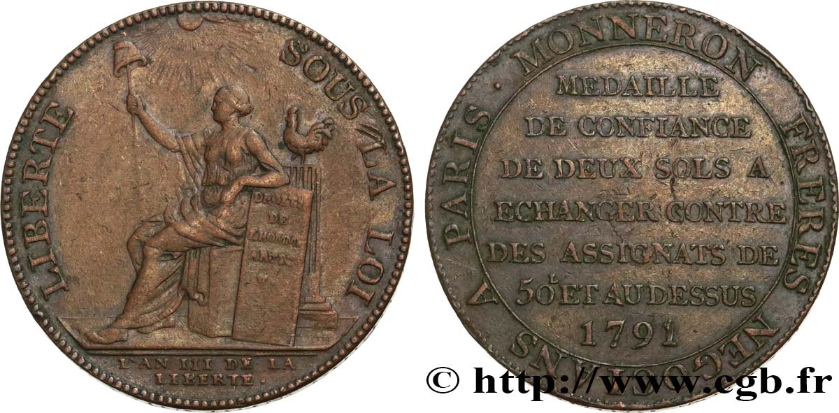 CONFIANCE (MONNAIES DE...) Monneron de 2 sols à la Liberté 1791 Birmingham, Soho TTB