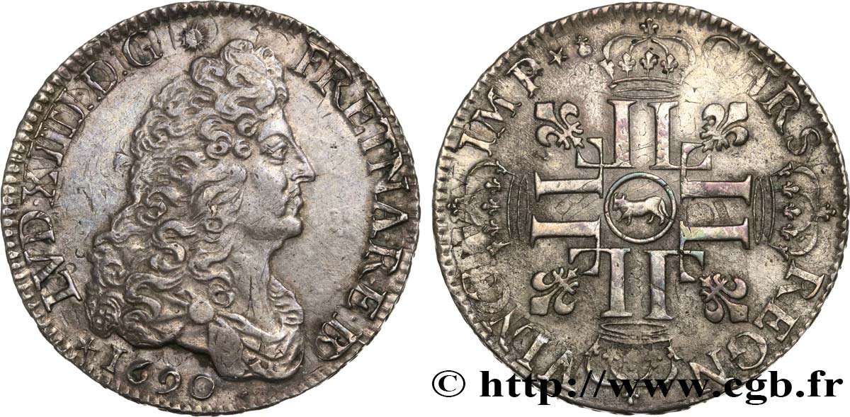 LOUIS XIV  THE SUN KING  Écu aux huit L, 1er type 1690 Pau VZ/fVZ
