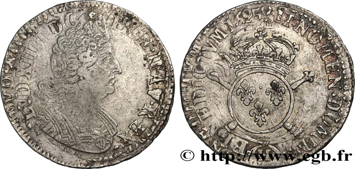 LOUIS XIV  THE SUN KING  Demi-écu aux insignes 1702 La Rochelle VF