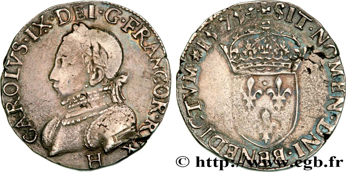 HENRI III. MONNAYAGE AU NOM DE CHARLES IX Teston, 11e type 1575 La Rochelle TB+
