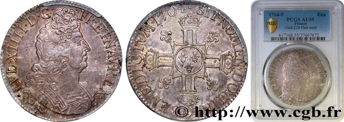LOUIS XIV  THE SUN KING  Écu aux huit L, 2e type 1704 Rennes EBC55