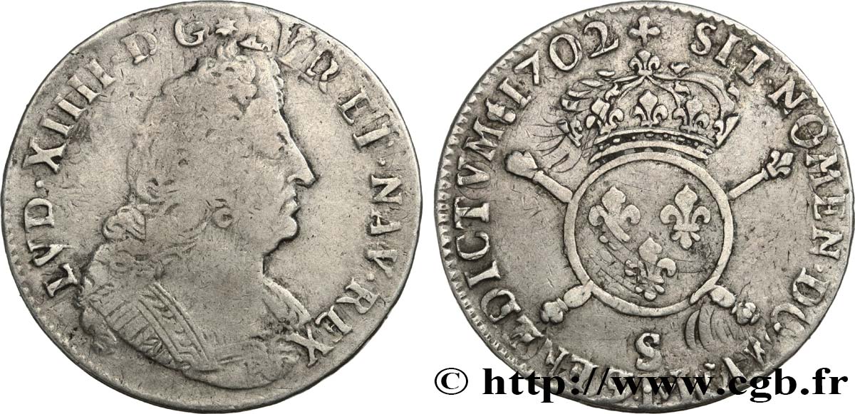 LOUIS XIV  THE SUN KING  Demi-écu aux insignes 1702 Reims MB