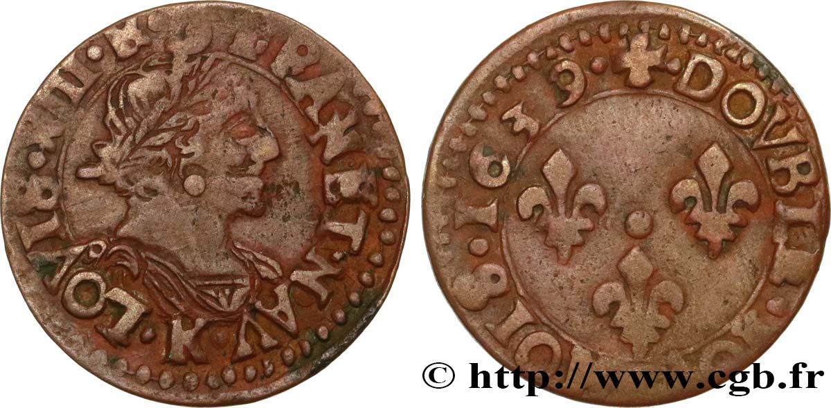LOUIS XIII LE JUSTE Double tournois, type 14 1639 Bordeaux TB+