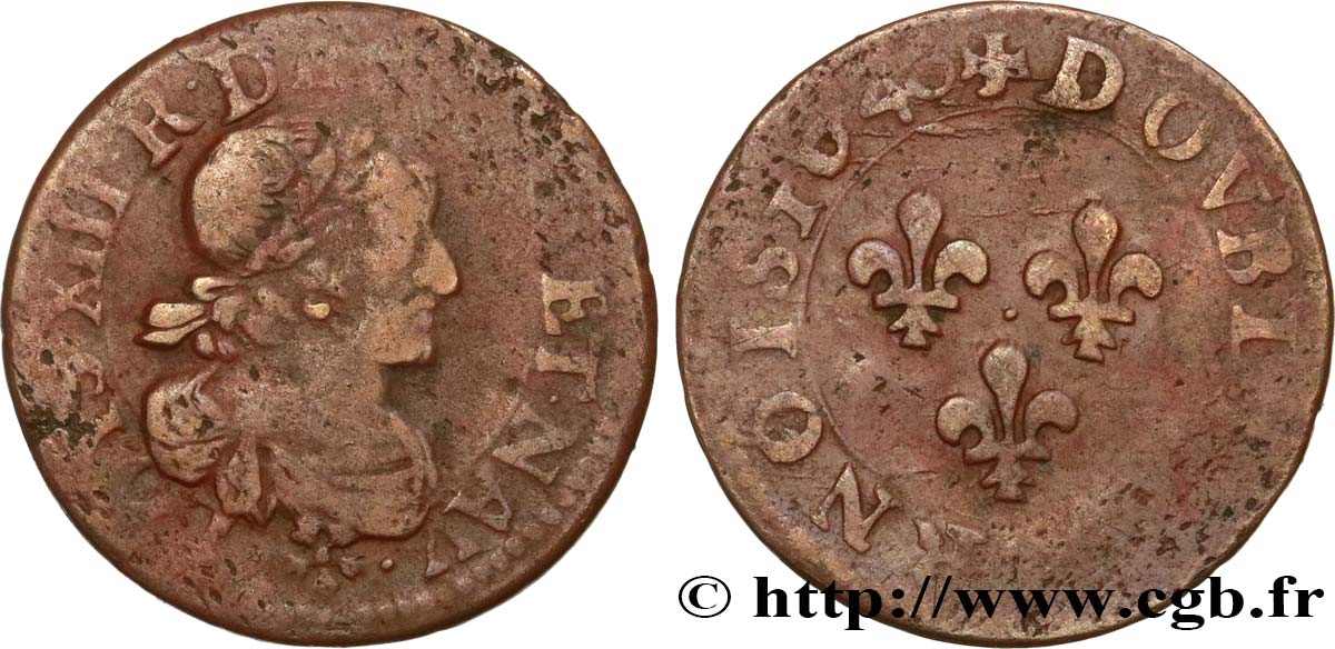 LOUIS XIII LE JUSTE Double tournois au buste vieilli et drapé 1640 Troyes ou Chappes B+