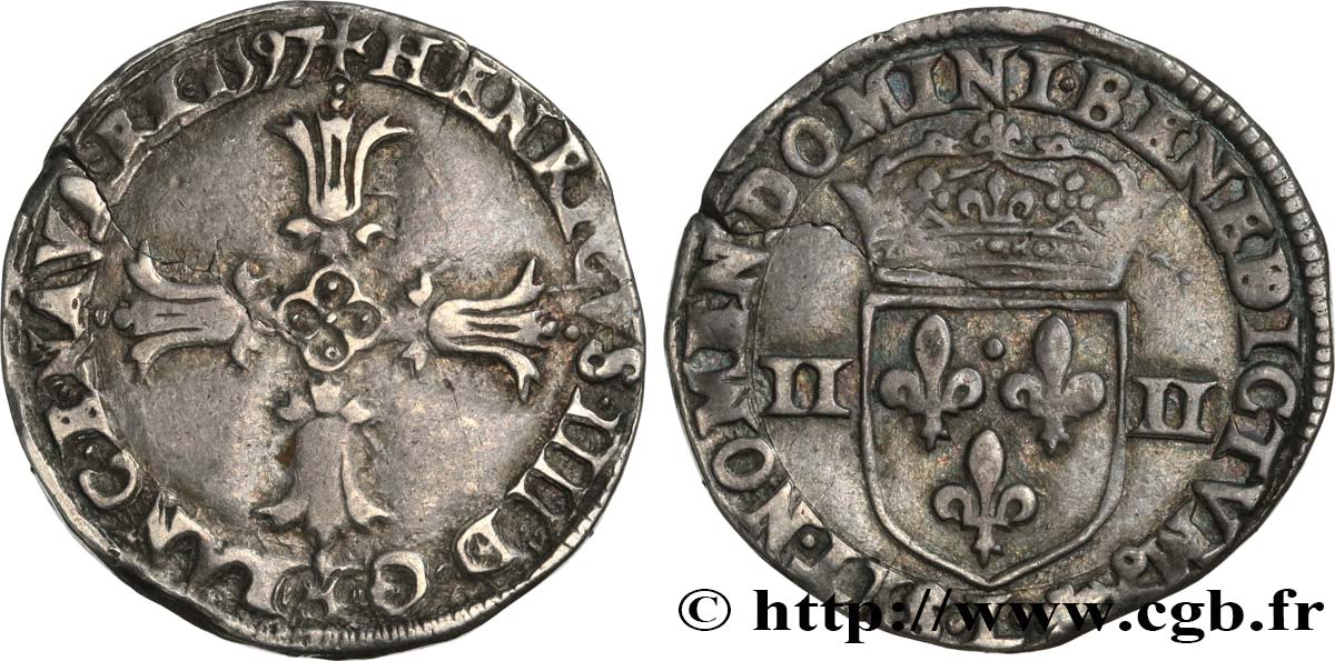 HENRI IV LE GRAND Quart d écu, croix feuillue de face 1597 Bayonne TB+