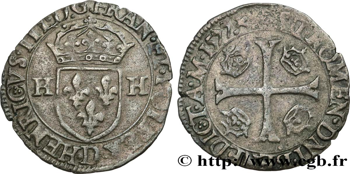 HENRY III Douzain aux deux H, 1er type 1577 Lyon XF