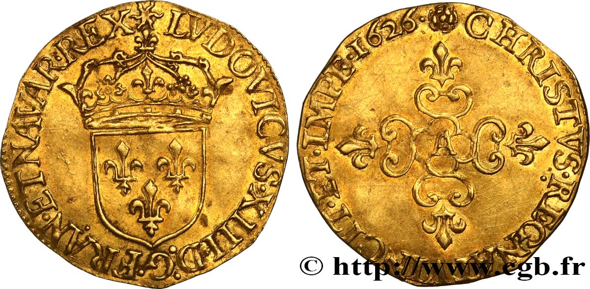 LOUIS XIII LE JUSTE Écu d or au soleil, à la croix anillée fleurdelisée 1626 Paris TTB+/TTB