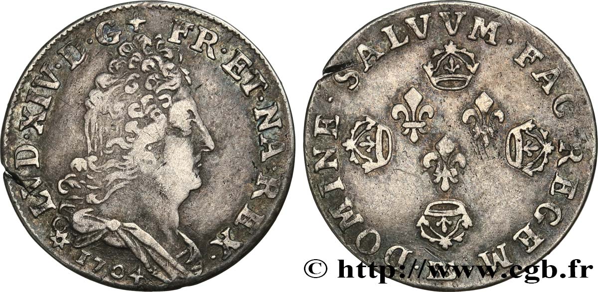 LOUIS XIV  THE SUN KING  Dix sols aux quatre couronnes 1704 Strasbourg S/fSS