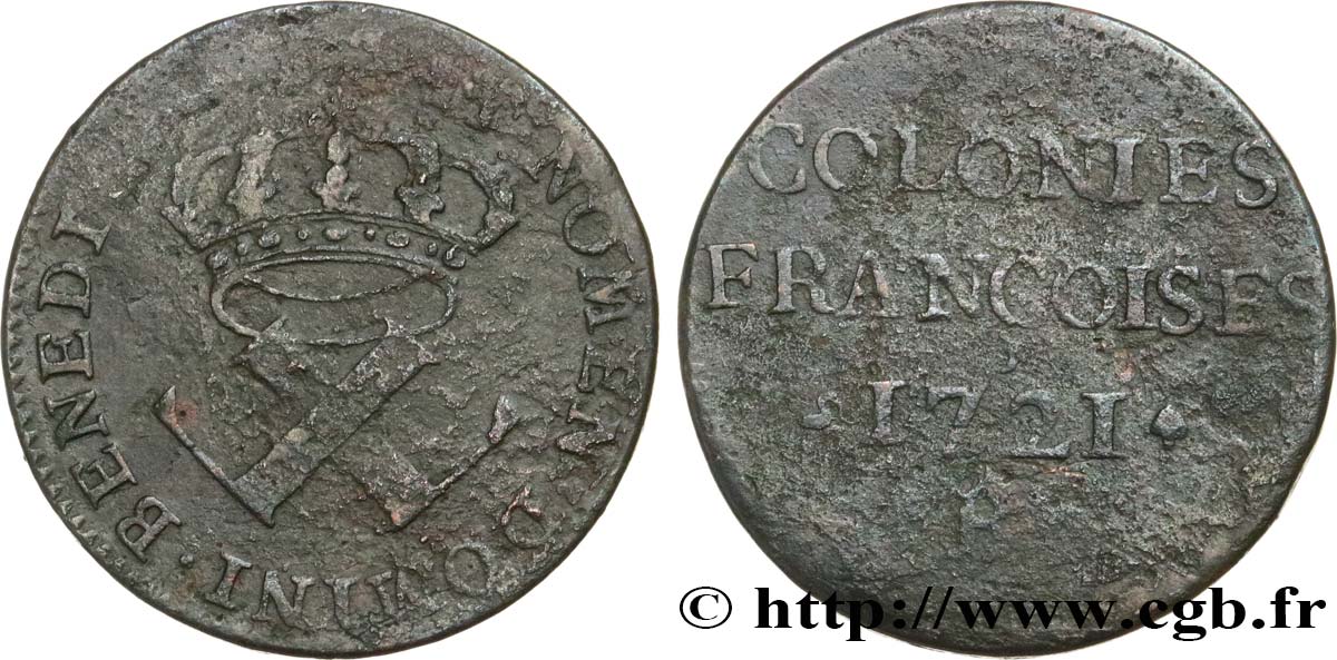 LOUIS XV  THE WELL-BELOVED  Neuf deniers, colonies françoises 1721 Rouen RC/RC+