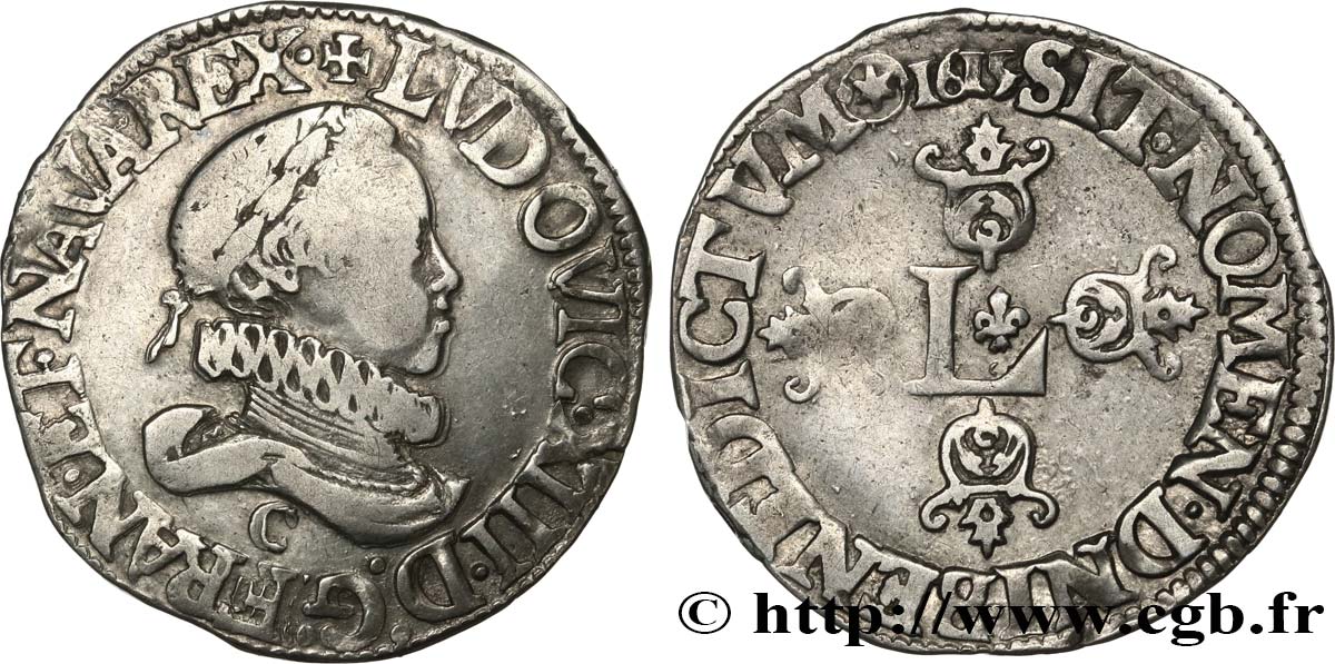 LOUIS XIII  Demi-franc au grand buste lauré et au col fraisé 1615 Saint-Lô fSS/SS
