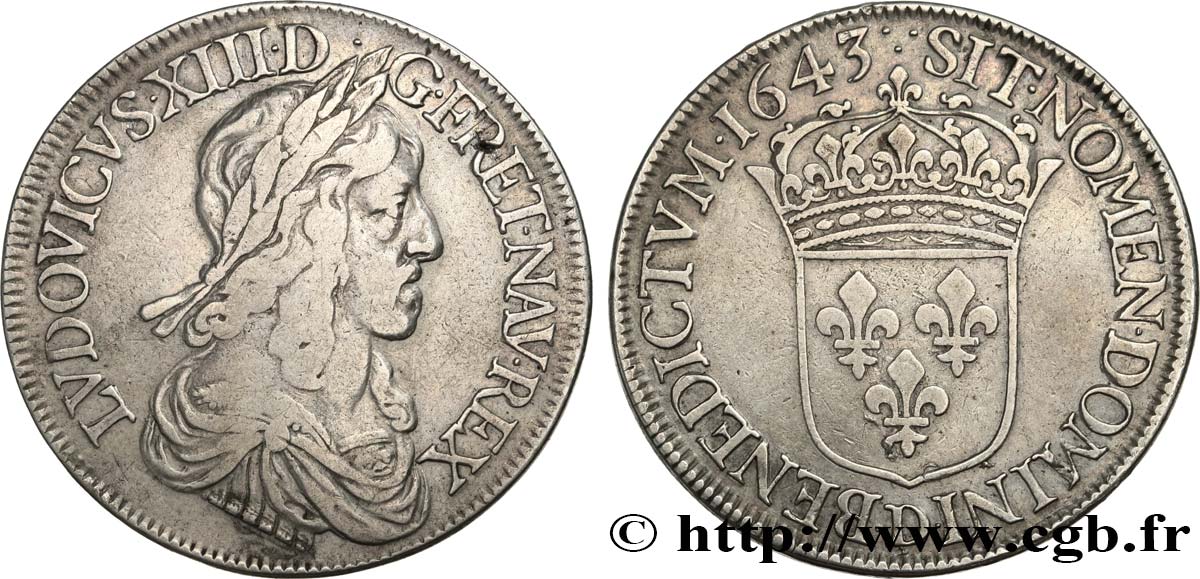 LOUIS XIII LE JUSTE Écu, buste drapé et cuirassé (2e buste de Jean Warin) 1643 Lyon TB+/TTB