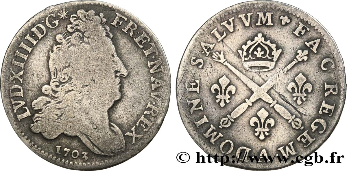 LOUIS XIV  THE SUN KING  10 sols aux insignes 1703 Paris MB/q.BB