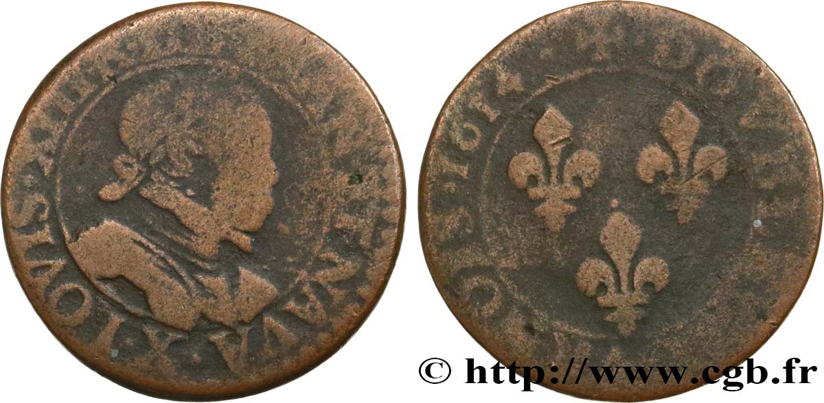 LOUIS XIII LE JUSTE Double tournois, type 1 1614 Amiens B