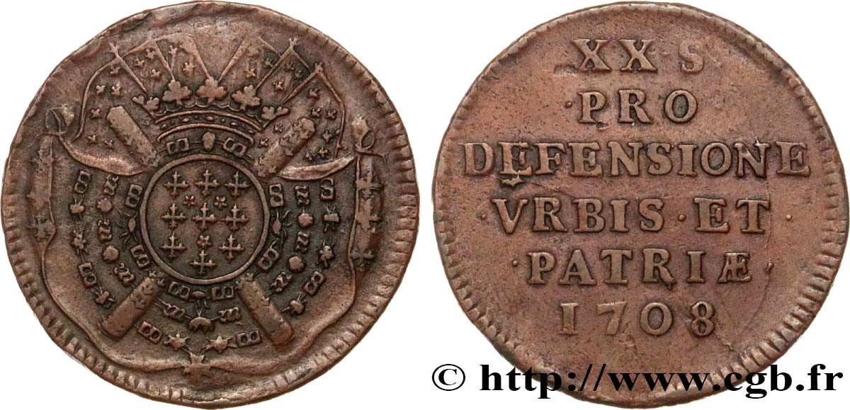 FLANDRE - SIÈGE DE LILLE Vingt sols, monnaie obsidionale 1708 Lille BB