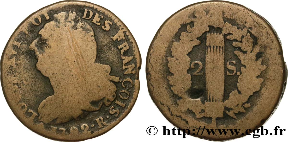 LOUIS XVI 2 sols dit  au faisceau , type FRANCOIS 1792 Orléans VG