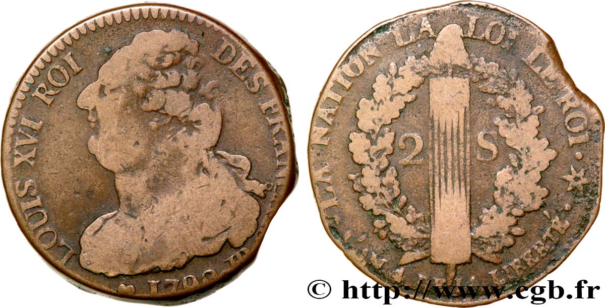 LOUIS XVI (MONARQUE CONSTITUTIONNEL)  2 sols dit  au faisceau , type FRANÇAIS 1792 Strasbourg TB