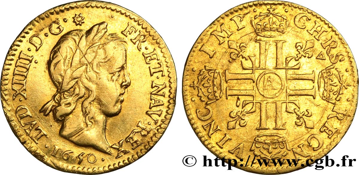 LOUIS XIV  THE SUN KING  Demi-louis d’or aux huit L, portrait à la mèche longue 1650 Paris BC/MBC