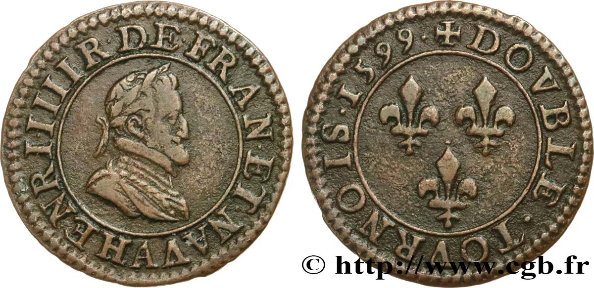 HENRI IV LE GRAND Double tournois, 2e type de Paris (légende française) 1599 Paris, Moulin des Étuves TTB