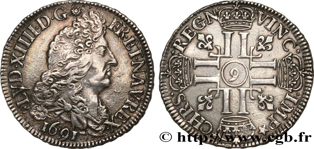 LOUIS XIV  THE SUN KING  Demi-écu aux huit L, 1er type 1691 Rennes q.SPL