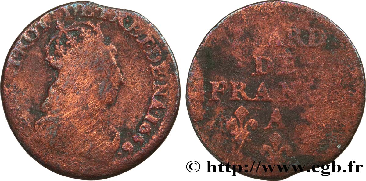 LOUIS XIV LE GRAND OU LE ROI SOLEIL Liard de cuivre, 2e type 1656 Corbeil B