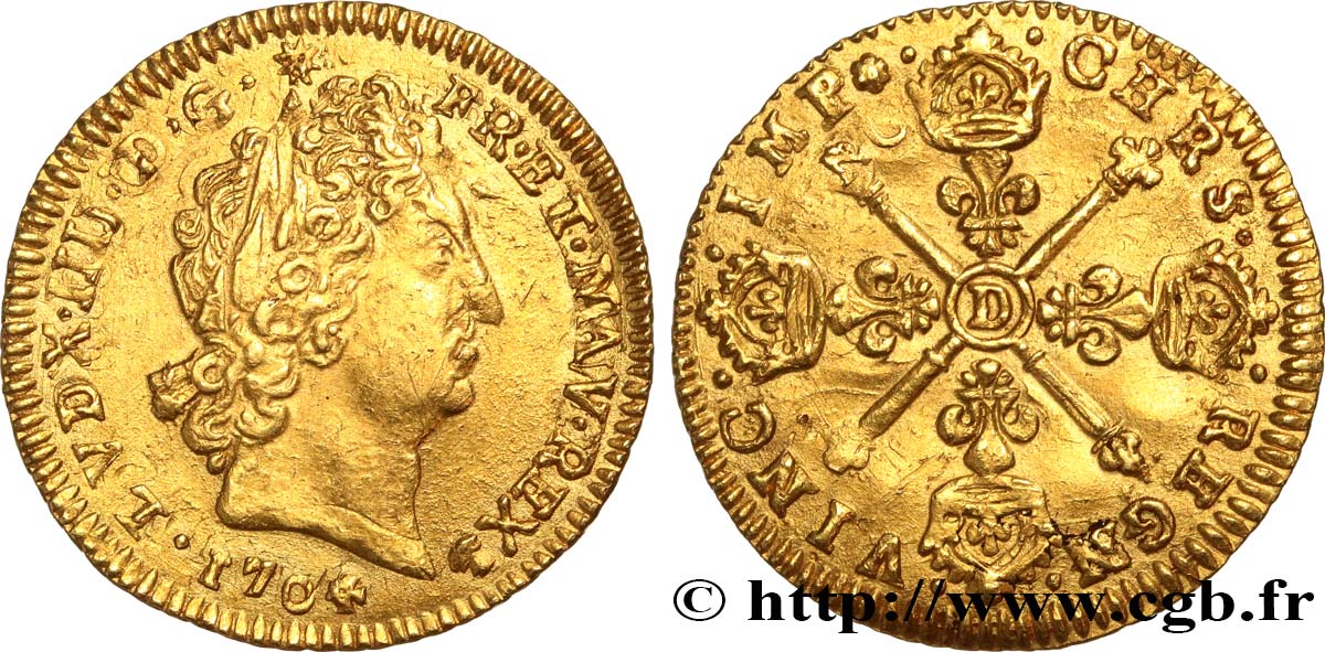 LOUIS XIV  THE SUN KING  Louis d or aux insignes, portrait aux cheveux courts, fausse réformation 1704 Lyon q.BB/BB