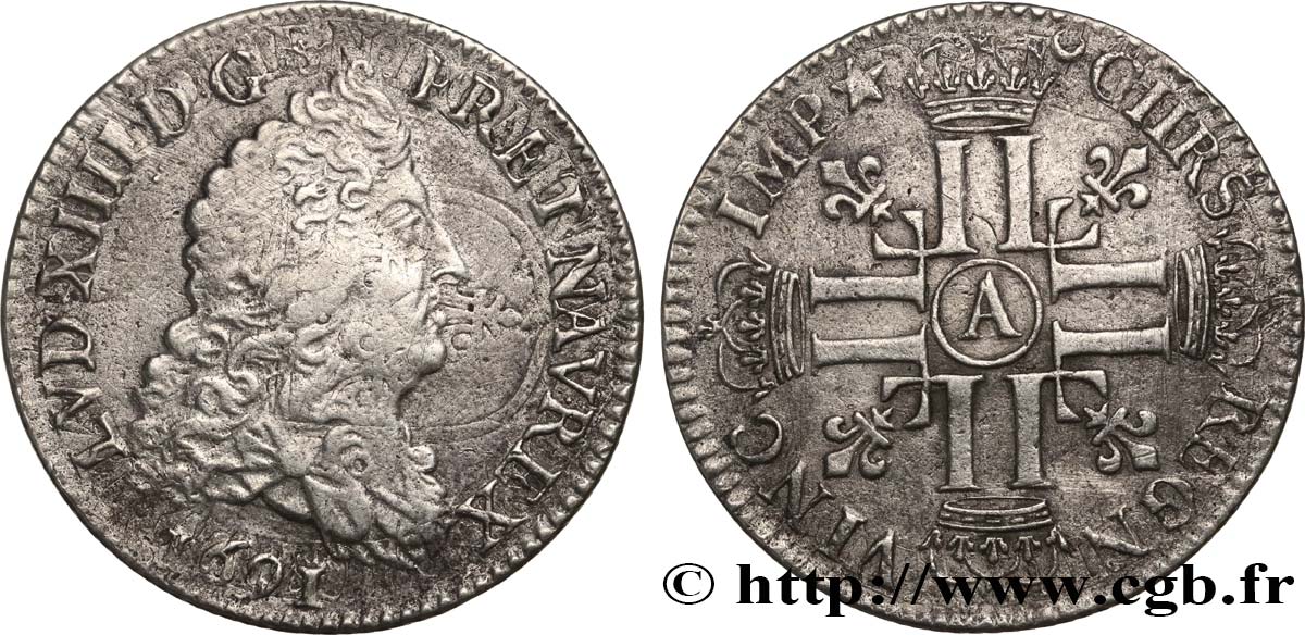 LOUIS XIV  THE SUN KING  Quart d écu aux huit L, 1er type 1691 Paris BC+/MBC